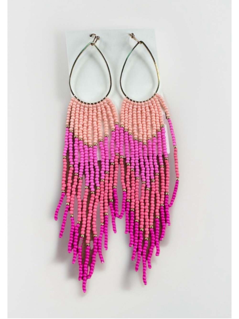 Long Beaded Hot Pink Peach Gold Bead Tassel Dangle Earring Southwest Boho Tribal